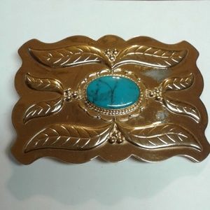 Belt Buckle Copper and Turquoise Feathers